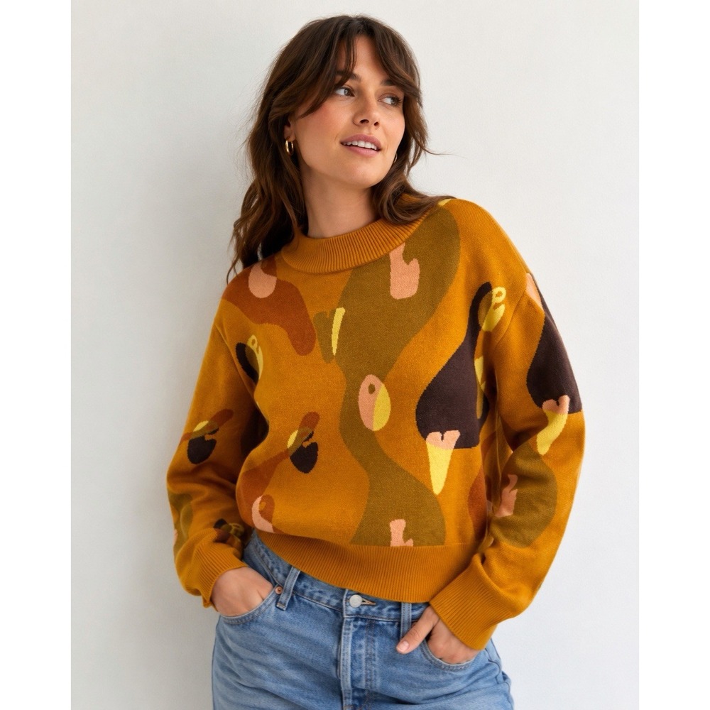 Never Fully Dressed Abstract Print Sweater US 4 Brown Mustard Artsy Retro